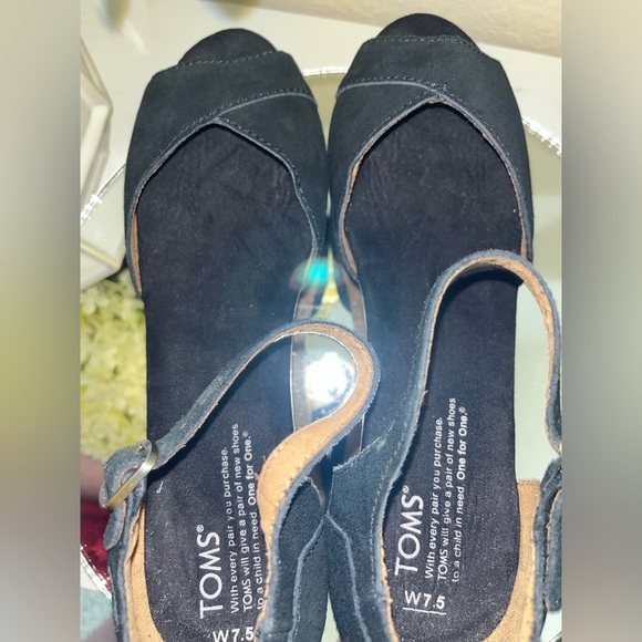 TOMS Black Suede and Cork Wedge Sandals - Picture 11 of 12